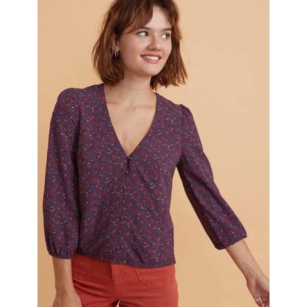 Marine Layer Stacy Floral Button Front Blouse Burgundy Puff Sleeve V-Neck Medium
